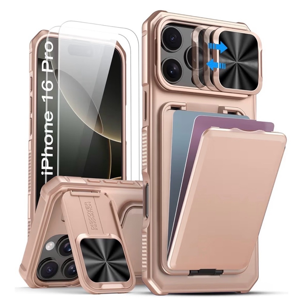 IPHONE 16 PRO CASE in Rose Gold with Kickstand, card holder, and camera cover